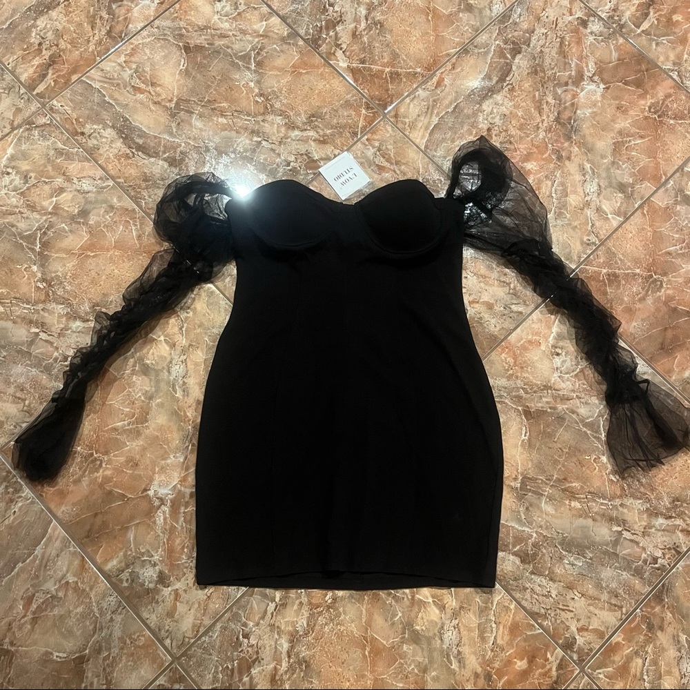 L'VOW Mesh Sheer Puff Long Sleeve Club Dress